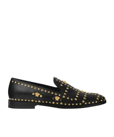 Versace Studded Leather Loafers In Black+gold