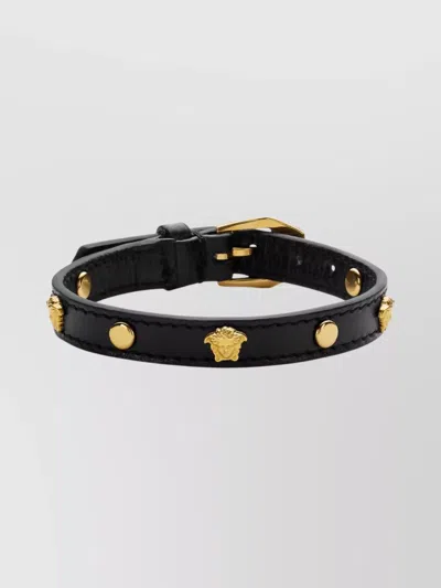 Versace Studded Leather Medusa Bracelet In Black