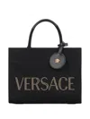 Versace Studded Logo Canvas Tote Bag In Black