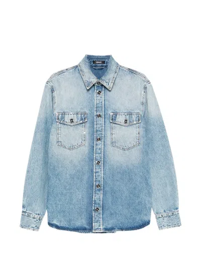 Versace Medusa Shirt Long Sleeves Front Pockets Studs In Blue