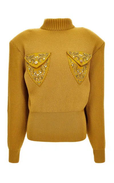Versace Studded Regenerated-wool Sweater In Yellow