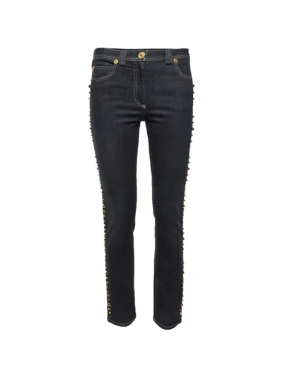 Pre-owned Versace Studded Slim-fit Jeans In Black