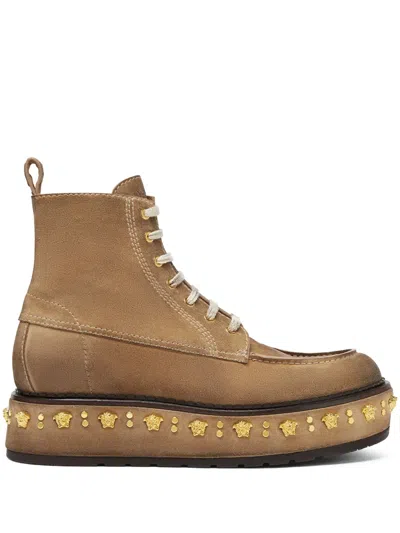 Versace Studded Stack Suede Lace-up Boots In Brown