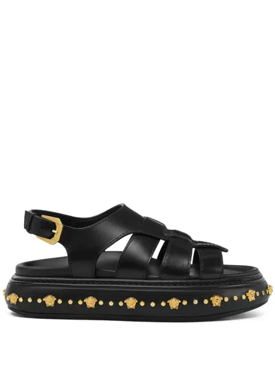 Versace Studded Stack Sandals In Black+gold