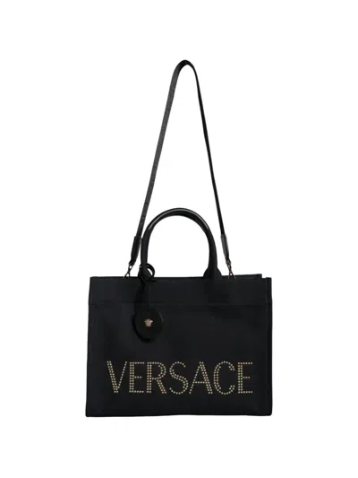 Versace Studded-logo Tote Bag In Black