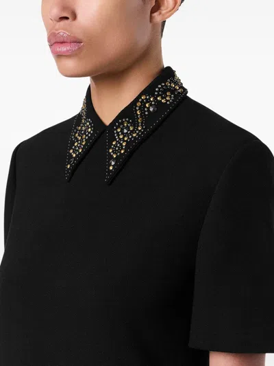 Versace Stud-embellished Pointed Collar Virgin Wool Mini Dress In Black