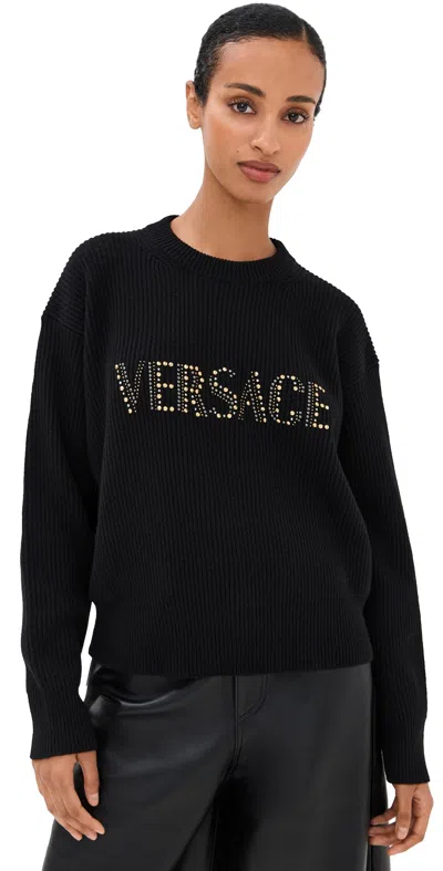 VERSACE STUDS LOGO EMBROIDERY WOOL KNIT SWEATER BLACK