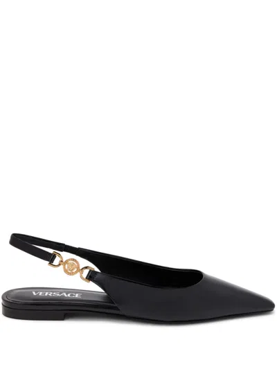 VERSACE STUNNING BLACK MEDUSA PLAQUE SLINGBACK BALLERINA FLATS FOR WOMEN