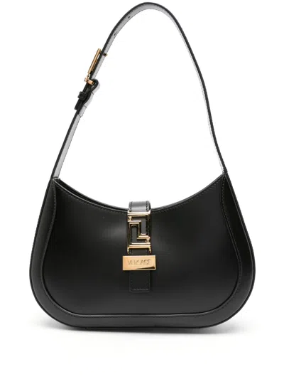 Versace Stunning Leather Shoulder Bag With Gold-tone Hardware And Signature Greek Detailing In Black