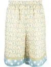 VERSACE STYLISH ALL-OVER PRINT LINEN SHORTS IN CHEERFUL SHADES OF BLUE AND YELLOW
