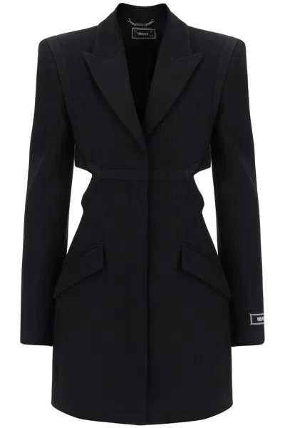 VERSACE STYLISH AND BOLD MINI BLACK BLAZER DRESS WITH CUT-OUTS FOR WOMEN IN FW23 SEASON