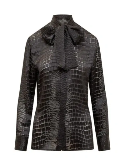 Versace Stylish Black Crocodile Effect Tie-neck Shirt For Women