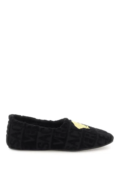 VERSACE STYLISH BLACK SLIPPER WITH ICONIC EMBROIDERED GOLDEN MEDUSA FOR WOMEN