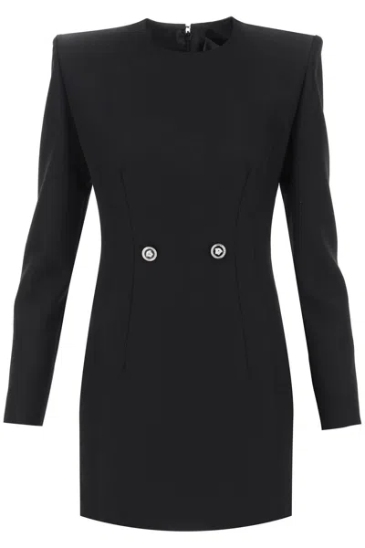 Versace Stylish Black Wool Dress With Logo Buttons And Padded Shoulders For Women