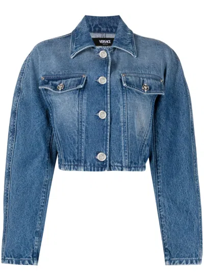 Versace Stylish Cropped Denim Jacket For Women In Navy Blue