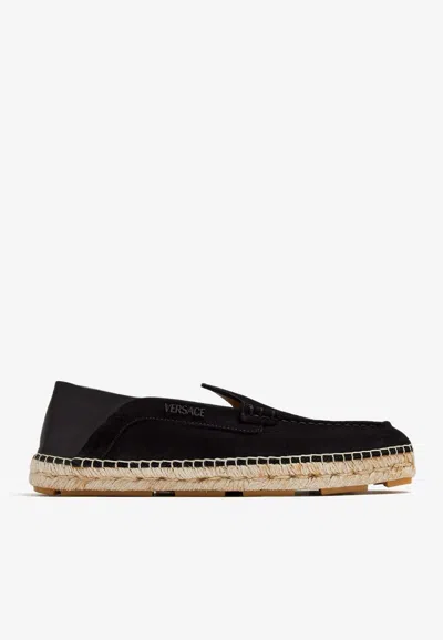 Versace Logo Suede Espadrilles In Black