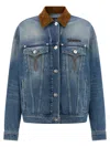 Versace Suede Collar Denim Jacket In Blue