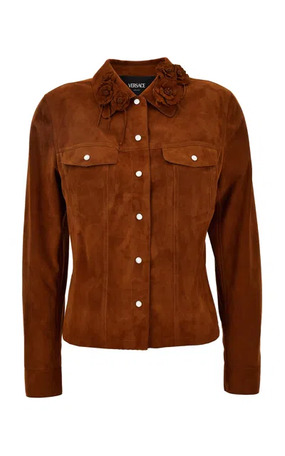 Versace Suede-effect Leather Button-down Shirt In Brown