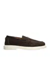 Versace Suede Greco Monogram Loafers In Blue