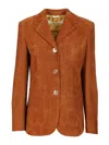 Versace Long Sleeve Leather Jacket In Brown