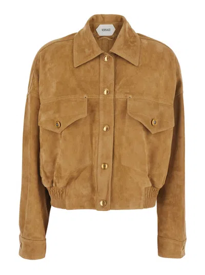 Versace Suede Jacket With Pointed Collar And Logo Jewel Button Closure In Beige