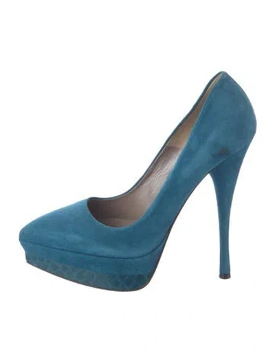 Pre-owned Versace Suede Leather Trim Embellishment Pumps In Blue
