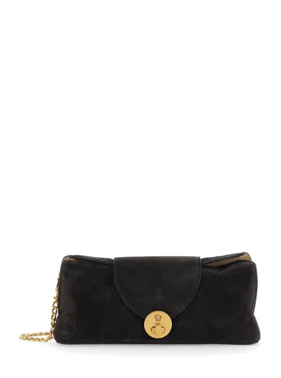 Versace Suede Shoulder Handbag With Medusa Head Front, Flap Lock Closure & Chain Strap, 30x16x7 Cm In Brown