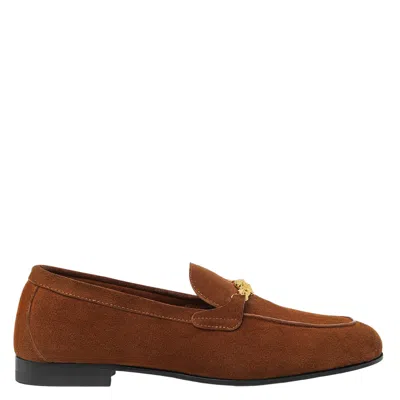 Versace Suede Slip-on Loafers With Medusa Chain Detail In Animal Print