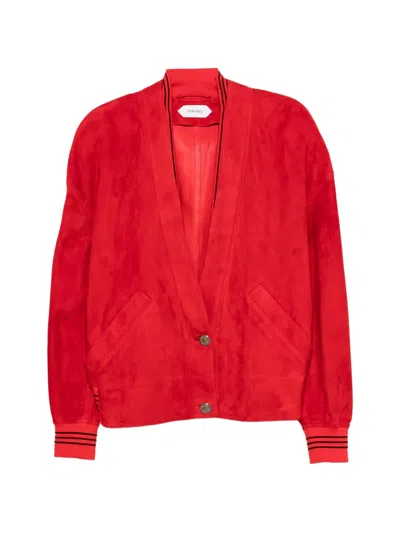 Versace Lambskin Suede V-neck Blouson Jacket In Red
