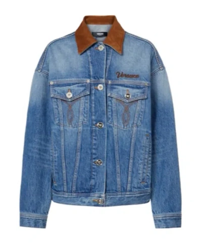 Versace Stone Wash Denim Blouson Jacket For Women In Blue