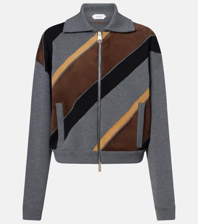 Versace Suede-trimmed Wool-blend Zip-up Sweater In Gray