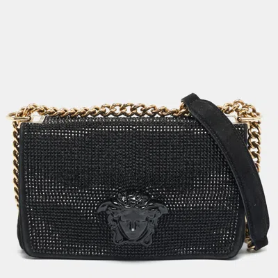 Pre-owned Versace Sultan Medusa Black Crystal Embellished Suede Shoulder Bag