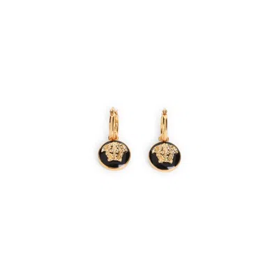 Versace Signature Hoop Earrings Featuring Enamel Pendants In Black