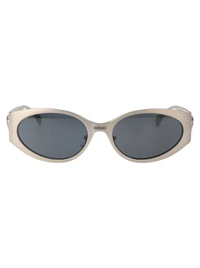 Versace Logo-plaque Oval-frame Sunglasses In Silver
