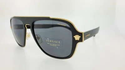Pre-owned Versace Sunglasses 2199 100281 56mm Black Gold Frame With Grey Polarized Lenses In Gray