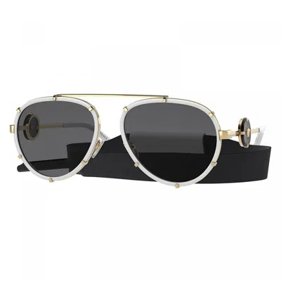 Versace Sunglasses Aviator Full Rim, White/gold Frame And Dark Grey With Neck Strap Lens Ve2232147187 In Black