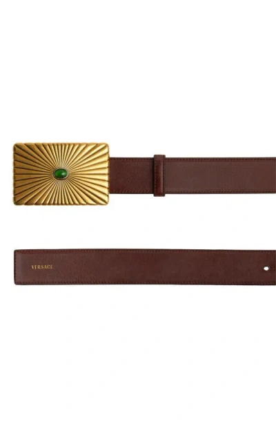 Versace Sunray Buckle Leather Belt In Brown