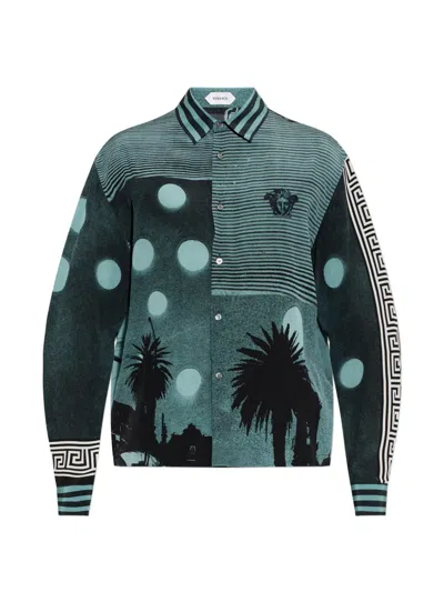 Versace Sunset Palms-print Shirt In Blue