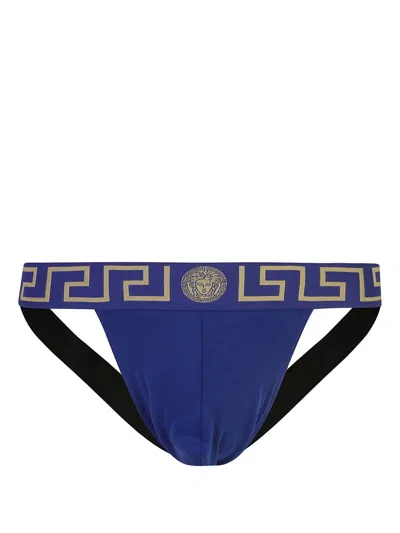 Versace Suspender With Greca Border In Blue