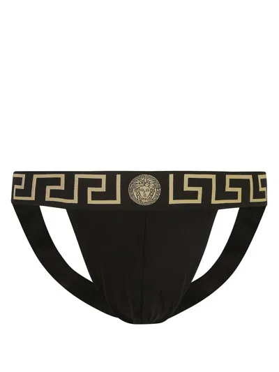 Versace Stretch Cotton Jock Strap With Medusa Greca Logo In Black Gold