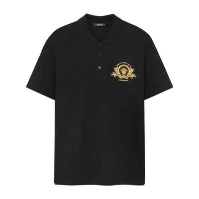 Versace Coupe Blason Embroidered Polo Shirt In Black