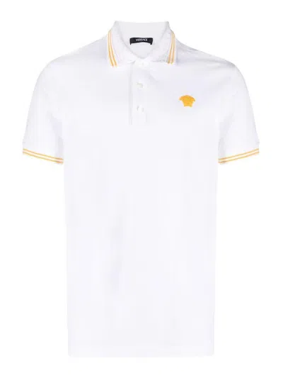 Versace White Polo Shirt With Classic Collar And Medusa Embroidery On The Front In Neutral