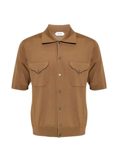 Versace Short-sleeved Button-up Sweater In Brown