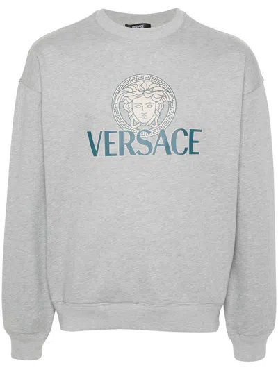 Versace Medusa Head-print Cotton Sweatshirt In Grigio Melange Chiaro