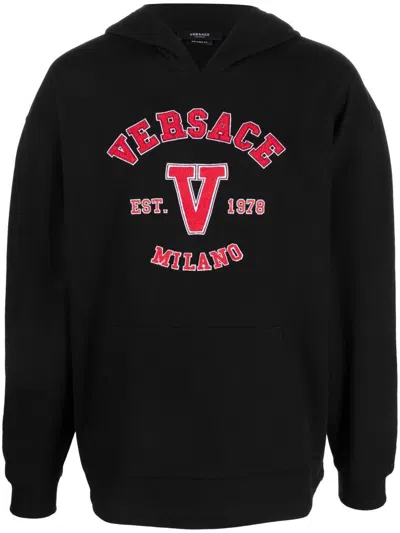 Versace Logo-patch Cotton Hoodie In Black