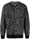 Versace Virgin Wool Crew Neck Pullover With Barocco Pattern In Black
