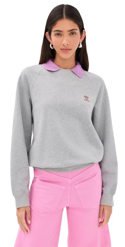 Versace Cotton Sweatshirt Ribbed Cuffs Hem Contrast Collar In Gray