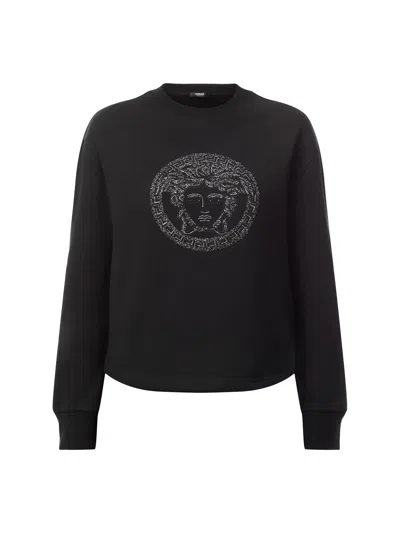 Versace Sweatshirt Medusa With Crystal And Lurex Embroidery Yd Fleece In Black