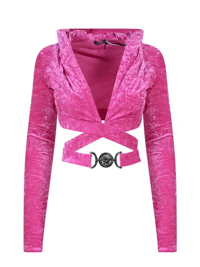 Versace Cropped Hooded Crushed Velvet Wrap Top In Bright Pink