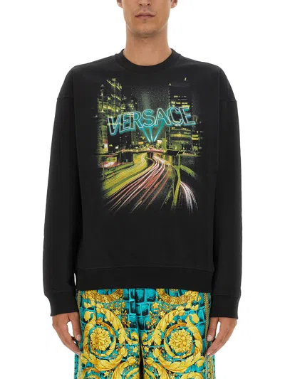 Versace City Lights Cotton Sweatshirt In Black